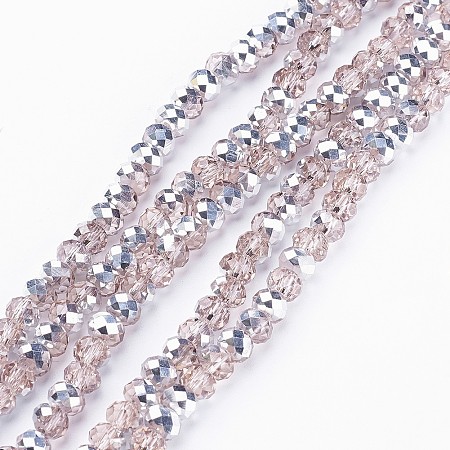 Honeyhandy Electroplate Glass Bead Strands, Half Silver Plated, Faceted, Rondelle, Pink, 6x4mm, Hole: 1mm, about 87~90pcs/strand, 15.7 inch