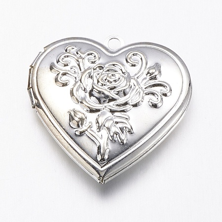 Honeyhandy Brass Locket Pendants, Heart with Rose, Silver Color Plated, 29x29x7.5mm, Hole: 2mm