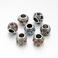 Honeyhandy Antique Silver Plated Alloy Rhinestone European Beads, Large Hole Rondelle Beads, Mixed Color, 10x8mm, Hole: 5mm