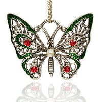 Honeyhandy Antique Silver Plated Alloy Enamel Butterfly Pendants, with Light Siam Rhinestone and Acrylic Pearl Cabochons, Green, 57x47x7mm, Hole: 10x12mm