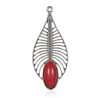 Honeyhandy Leaf Alloy Synthetic Turquoise Big Pendants, Dyed, Antique Silver, Red, 61x27x6mm, Hole: 2mm