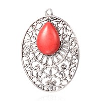 NBEADS Synthetic Turquoise Big Pendants, with Tibetan Style Alloy Findings, Oval, Antique Silver, 64x46x8mm, Hole: 3mm