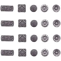 NBEADS 50 Pcs Mixed Shape 1-Hole Tibetan Style Alloy Shank Buttons, 5 Kinds of Round and Rectangle Flower Shape Metal Shank Buttons with Velvet Bag for DIY Sewing Coats Suits Blazers, Antique Silver