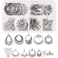 SUNNYCLUE 1 Box 48Pcs 12 Styles Chandelier Charms Earring Connectors Charm Filigree Components Links Findings Loops for Adults Beginners DIY Jewelry Vintage Hoop Earring Making, Antique Silver