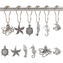 SUPERFINDINGS 12Pcs 6 Styles Ocean Theme Shower Curtain Rings Iron Shower Curtain Hooks Rings with Alloy Animal Pendants Starfish Fishbone Octopus Metal Shower Rings Hooks for Bathroom