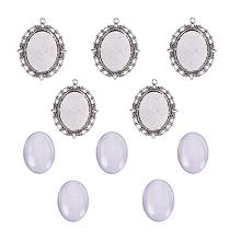 ARRICRAFT 5 Sets 40x30mm Oval Clear Glass Cabochon Cover and 61x48mm Antique Silver Tibetan Style Pendant Cabochon Settings for DIY