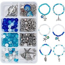 SUNNYCLUE 1 Box 270Pcs Bracelet Making Kit Ocean Theme Bracelet Set Colorful 6mm Glass Beads Turtles Mermaids Starfish Charms for Jewelry Marking Bracelets Necklace Earring DIY Craft Instruction