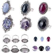 SUNNYCLUE 12pcs 6 Styles Antique Silver Ring Settings Adjustable Blank Hollow Flower Oval Round with Colorful Gemstone Cabochons Ring Making Kit for DIY Jewelry Making Crafts Supplies