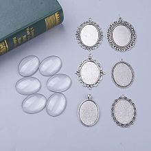 DIY Pendant Making, Tibetan Style Alloy Pendant Cabochon Settings and Oval Transparent Clear Glass Cabochons, Antique Silver, Oval Cabochon: 40x30mm; 6pcs/set