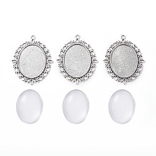 Honeyhandy DIY Pendant Making, with Tibetan Style Alloy Pendant Cabochon Settings and Transparent Oval Glass Cabochons, Antique Silver, Cabochons: 40x30x7~9mm, Settings: 61x47x2mm, Hole: 3mm, 2pcs/set