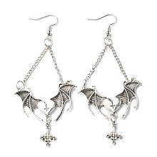 Honeyhandy Alloy Bat Wing with Cross Dangle Earrings for Halloween, Antique Silver, 93x39.5mm