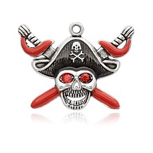 Honeyhandy Pirate Style Skull Antique Silver Plated Alloy Enamel Rhinestone Pendants, FireBrick, 34x45x6mm, Hole: 2.5mm