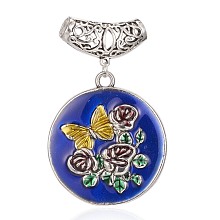 Honeyhandy Alloy Enamel Big Pendants, with Tube Bails, Flat Round with Flower, Antique Silver, 67mm, Hole: 5x6mm