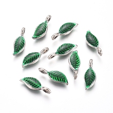 Honeyhandy Antique Silver Plated Alloy Pendants, with Enamel, Leaf, Green, 16x6x3mm, Hole: 1.5mm