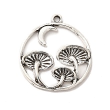 Honeyhandy Alloy Pendants, Flat Round with Mushroom, Antique Silver, 27x24.5x3mm, Hole: 1.6mm