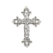 Honeyhandy Tibetan Style Alloy Big Pendants, Cross with Flower, Antique Silver, 74x52.5x3mm, Hole: 3mm