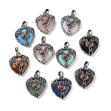 Honeyhandy Natural & Synthetic Mixed Gemstone Pendants, Heart Charms, with Rack Plating Antique Silver Tone Hyacinth Rhinestone Dragon Wing Findings, Mixed Dyed and Undyed, 36.5~37.5x32~32.5x9.5~10.5mm, Hole: 8.5x5.5mm