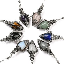 Honeyhandy Mixed Gemstone Dowsing Pendulum Big Pendants, with Rack Plating Antique Silver Alloy Findings, Lead Free & Cadmium Free, Teardrop, 298~305mm