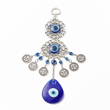 Honeyhandy Teardrop Glass Turkish Blue Evil Eye Pendant Decoration, with Alloy Flower Design Charm, for Home Wall Hanging Amulet Ornament, Antique Silver, 215mm, Hole: 13.5mm