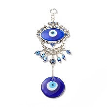 Honeyhandy Glass Turkish Blue Evil Eye Pendant Decoration, with Alloy Flower & Moon Design Charm, for Home Wall Hanging Amulet Ornament, Antique Silver, 242mm, Hole: 13.5x10mm