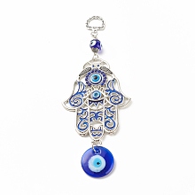 Honeyhandy Glass Turkish Blue Evil Eye Pendant Decoration, with Alloy Hamsa Hand/Hand of Miriam Design Charm, for Home Wall Hanging Amulet Ornament, Antique Silver, 180mm, Hole: 13.5x10mm