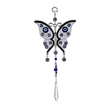 Honeyhandy Alloy Butterfly Turkish Blue Evil Eye Pendant Decoration, with Crystal Prisms, for Home Wall Hanging Amulet Ornament, Antique Silver, 290mm, Hole: 10mm