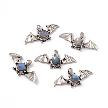 Natural Labradorite Pendants, Halloween Bat Charms, with Antique Silver Color Brass Findings, 18x37x9mm, Hole: 5x2.5mm