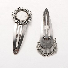 Honeyhandy Iron Snap Hair Clip Findings, with Tibetan Style Alloy Flower Cabochon Settings, Cadmium Free & Lead Free, Antique Silver, Tray: 14mm, 57mm