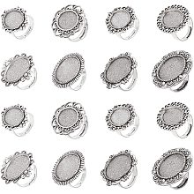 SUNNYCLUE 16Pcs 8 Styles Antique Silver Adjustable Blank Flower Cabochon Ring Settings Flat Ring & Oval Ring Components Bezel Setting Trays for Women DIY Ring Jewellery Making Crafts