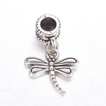 Honeyhandy Tibetan Style Alloy European Dangle Charms, Large Hole Pendants, Dragonfly, Antique Silver, 27mm, Hole: 4.5mm, Pendant: 15.5x16.5x2mm