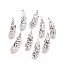 Honeyhandy Alloy Pendants, Feather, Antique Silver, 38x9x4mm, Hole: 2mm