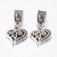 Honeyhandy Tibetan Style Alloy European Dangle Charms, Large Hole Pendants, Hollow Heart, Antique Silver, 25mm, Pendant: 14x13.5x3mm, Hole: 4.5mm