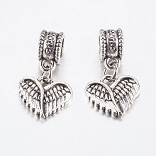 Honeyhandy Tibetan Style Alloy European Dangle Charms, Large Hole Pendants, Wing & Heart, Antique Silver, 23mm, Pendant: 12x13x2mm, Hole: 4.5mm