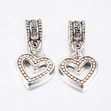 Honeyhandy Tibetan Style Alloy European Dangle Charms, Large Hole Pendants, Hollow Heart, Antique Silver, 25mm, Pendant: 14.5x13x2mm, Hole: 4.5mm