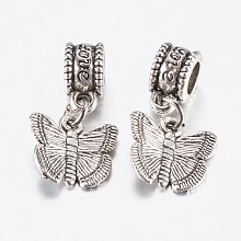 Honeyhandy Tibetan Style Alloy European Dangle Charms, Large Hole Pendants, Butterfly, Antique Silver, 23mm, Pendant: 12x12.5x3mm, Hole: 4.5mm