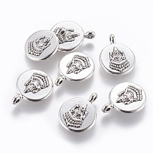 Honeyhandy Tibetan Style Alloy Pendants, Flat Round with Buddha, Antique Silver, 19.5x15x3.5mm, Hole: 1.6mm