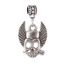 Skull Tibetan Style Alloy European Dangle Beads, Large Hole Pendants, Antique Silver, 35mm, Hole: 5mm