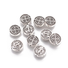 Honeyhandy Tibetan Style Alloy Beads, Flat Round, Saint Benedict, with Word CssmlNdsmd, Antique Silver, 10x10.3x2.4mm, Hole: 1.2mm