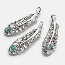 Honeyhandy Tibetan Style Alloy Big Pendants, with Synthetic Turquoise, Feather, Antique Silver, 57x15.5x6mm, Hole: 4x9mm