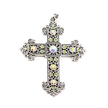 Honeyhandy Alloy Rhinestone Big Pendants, Cross, Antique Silver, Crystal AB, 87.5x67x6mm, Hole: 9x6.6mm