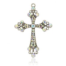 Honeyhandy Alloy Rhinestone Big Pendants, Latin Cross Clenchee, Antique Silver, Crystal AB, 73x51x5mm, Hole: 3mm