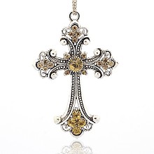 Honeyhandy Antique Silver Tone Alloy Rhinestone Cross Big Pendants, Light Colorado Topaz, 75x50x6mm, Hole: 3.5mm