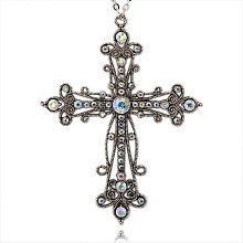 Honeyhandy Tibetan Style Alloy Rhinestone Gothic Cross Big Pendants, with Crystal AB, Antique Silver, 92x70x6mm, Hole: 2mm