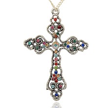 Honeyhandy Tibetan Style Alloy Rhinestone Big Pendants, Latin Cross, Antique Silver, Colorful, 69x48x5mm, Hole: 3mm