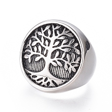 Honeyhandy 304 Stainless Steel Wide Band Rings, Flat Round with Tree of Life, Antique Silver, Size 7~12, 17~22mm