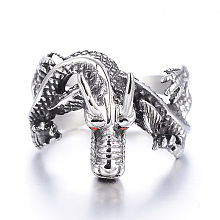 Honeyhandy 316 Surgical Stainless Steel Rings, with Rhinestone, Dragon, Antique Silver, 17~22mm