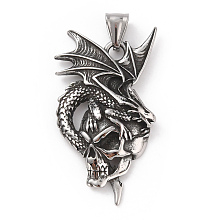 Honeyhandy 304 Stainless Steel Pendants, with 201 Stainless Steel Snap on Bails, Dragon with Skull Charms, Antique Silver, 48.5x27x7mm, Hole: 9x4.5mm