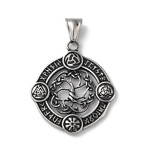 Honeyhandy Viking Runes 304 Stainless Steel Pendants, Flat Round with Tree of Life Charm, Antique Silver, 38x33x3mm, Hole: 9x4mm