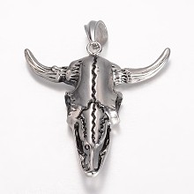 Honeyhandy 304 Stainless Steel Big Pendants, Ox Head, Antique Silver, 60.5x60x15mm, Hole: 12x8mm