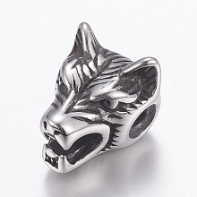 Honeyhandy 304 Stainless Steel Beads, Wolf Head, Antique Silver, 14x11x11mm, Hole: 2mm